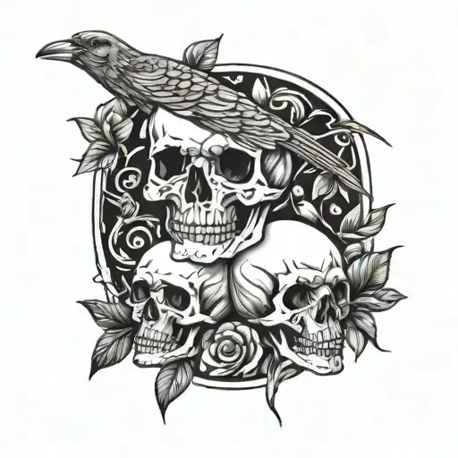 bird and skull line drawing tattoo design idea
