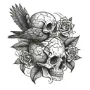 bird and skull line drawing tattoo design idea
