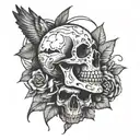 bird and skull line drawing tattoo design idea