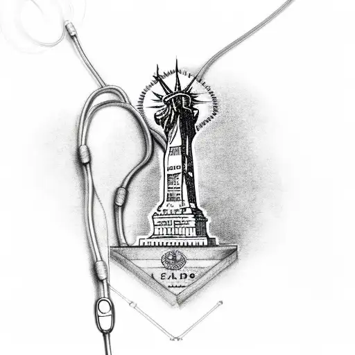 cedars of lebanon with statue of liberty and cardiac ekg with stethoscope tattoo design idea
