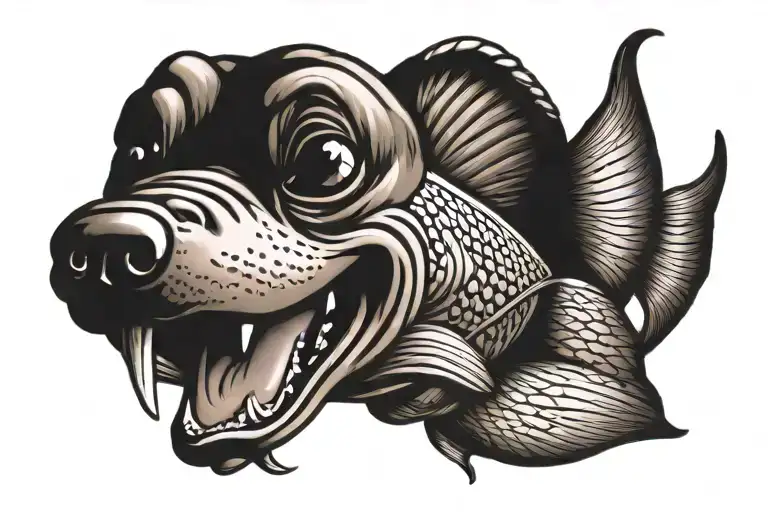 black n brown weenie dog fish in it mouth tattoo design idea