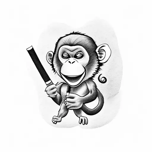 A Full Body Angry Monkey Holding A Cigarette In Its Tail And A mini gun In Its Hand tattoo design idea