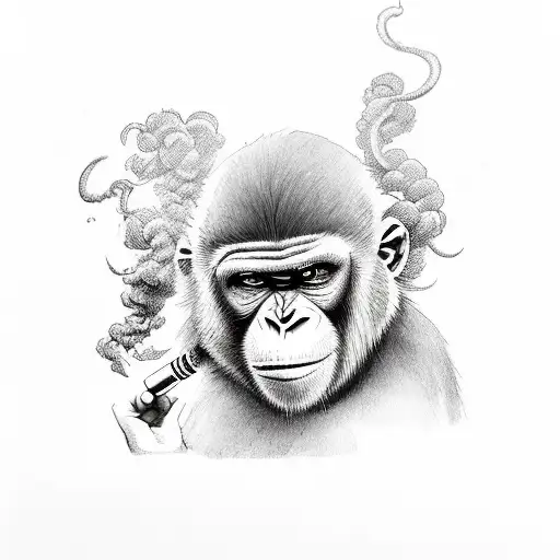 A full body angry monkey holding a cigarette in its tail and a sniper in its hand, surrounded by smoke tattoo design idea