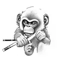 A Full Body realistic Angry Monkey Holding A Cigarette In Its Tail And A mini gun In Its Hand tattoo design idea