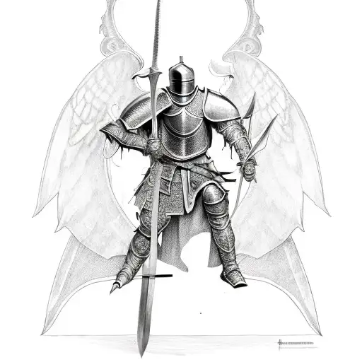 knight with sword and black detailed armor with black angel wings tattoo design idea