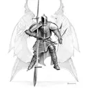 knight with sword and black detailed armor with black angel wings tattoo design idea