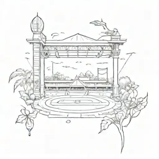 A sketch style tattoo of a cricket field with elements of Hinduism incorporated, such as lotus flowers and sacred symbols tattoo design idea