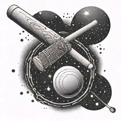 A cricket bat and ball forming a yin-yang symbol with Aquarius constellation in the background tattoo design idea