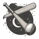 A cricket bat and ball forming a yin-yang symbol with Aquarius constellation in the background tattoo design idea