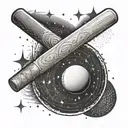 A cricket bat and ball forming a yin-yang symbol with Aquarius constellation in the background tattoo design idea