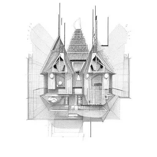 An architectural blueprint of a unique building design tattoo design idea