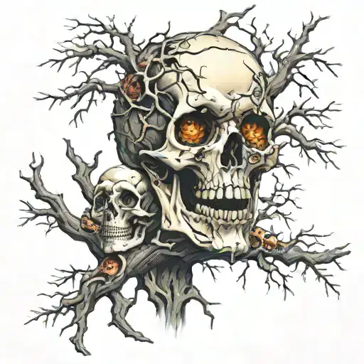 deadly eye beside a dead tree branches full of skulls  tattoo design idea