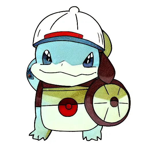 Squirtle (pokemon) with bucket hat and cool attitude in color tattoo design idea