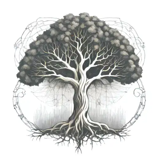 yggradsil, the world tree, techno style. the roots of the tree reflect a binary decision tree mathematical structure tattoo design idea