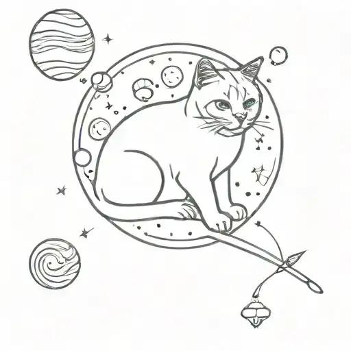 cat in space surrounded by planets tattoo design idea
