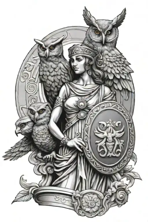 statue of Athena holding her shield with owl perched tattoo design idea