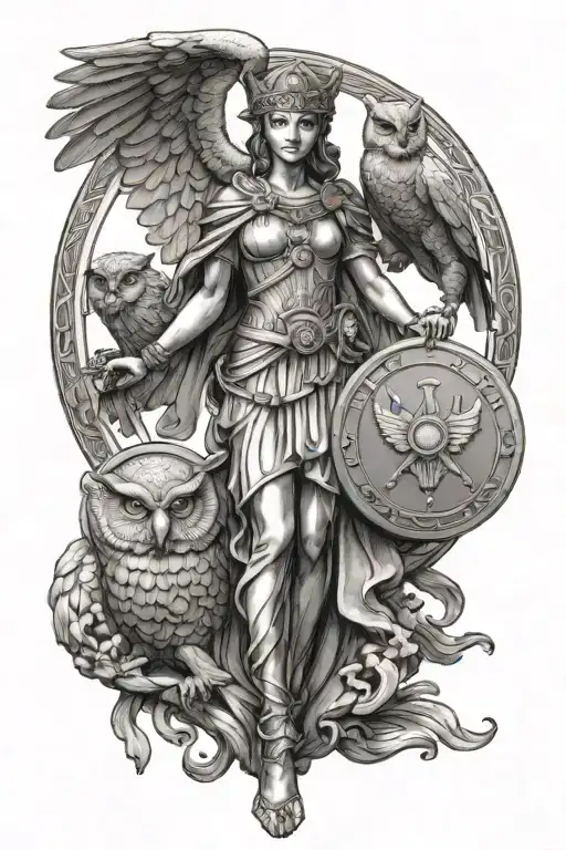 statue of Athena holding her shield with owl flying tattoo design idea