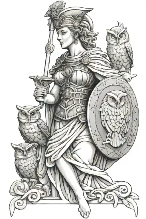 statue of Athena holding her shield with owl perched tattoo design idea