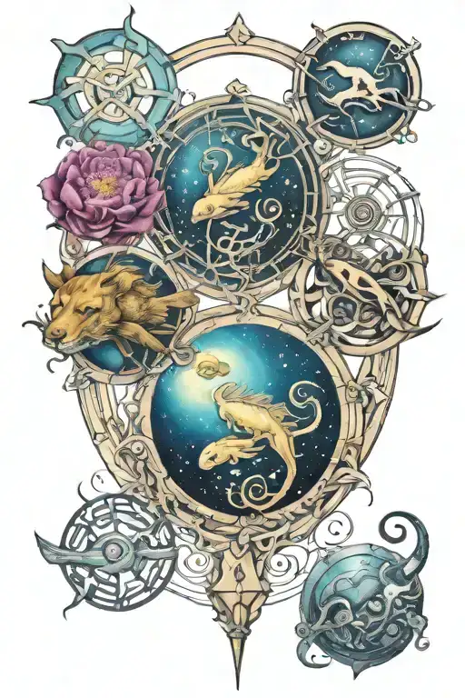 combined zodiac signs cancer,leo,libra and pisces sign tattoo design idea
