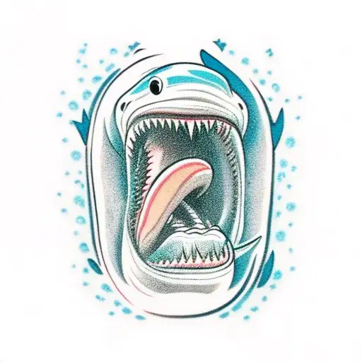 stick figure swimming into sharks mouth calf tattoo with skeleton surging in a hawaian shirt off to the left tattoo design idea