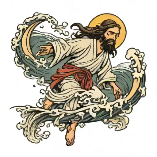 jesus walking on water japanese style design tattoo design idea