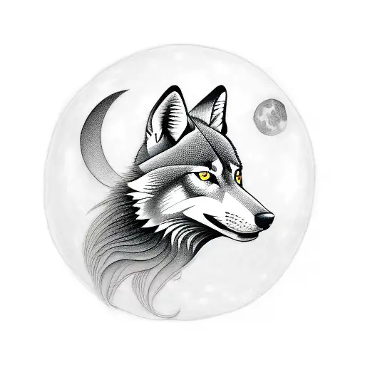 A blackwork tattoo of a wolf playing a taiko drum with a full moon in the background tattoo design idea