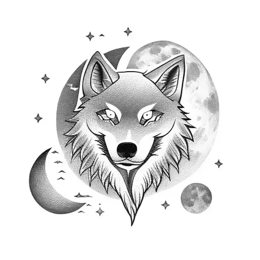 A blackwork tattoo of a wolf playing a taiko drum with a full moon in the background tattoo design idea