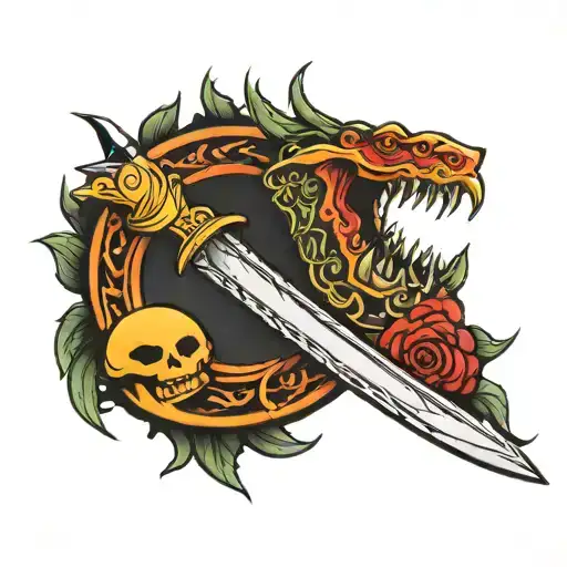 moon, dagger with serpent wrapped tattoo design idea
