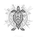 create a tribal 3-inch to 5-inch tattoo illustration design with clean bold lines that depicts an Aruban sea turtle  tattoo design idea