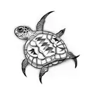 create a tribal 3-inch to 5-inch tattoo illustration design with clean bold lines that depicts an Aruban sea turtle  tattoo design idea