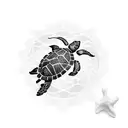 full overhead view of aruban sea turtle with initials included in shell pattern: CPS, CQS tattoo design idea