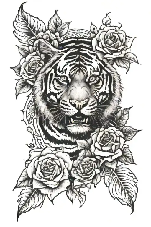 half tiger face blue eye and roses  tattoo design idea