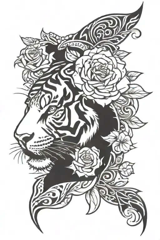 rose on bottom half and half of tiger face on top tattoo design idea