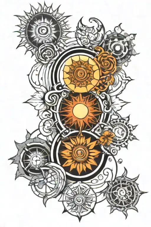Chakra symbols intertwined with the elements including moon and sun going vertical for back piece tattoo design idea