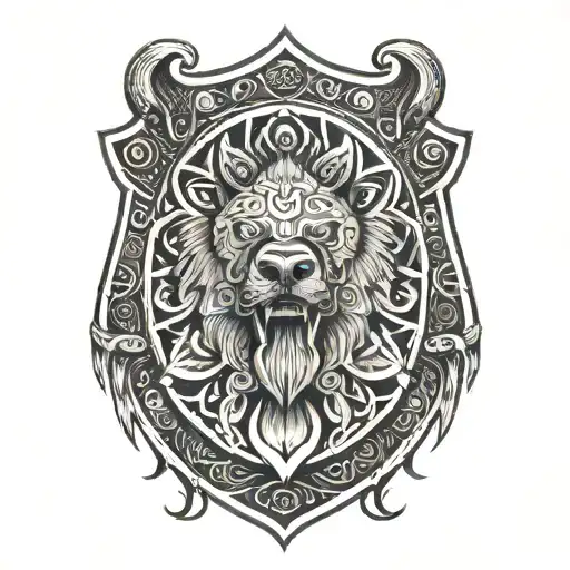 An intricately designed Viking shield with a bear paw tattoo design idea