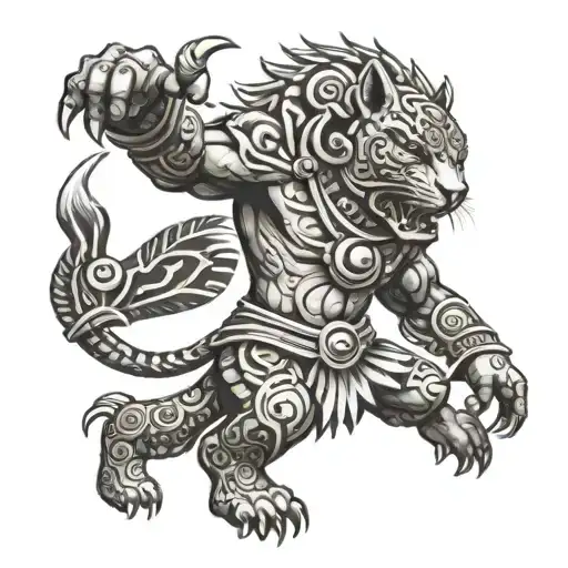 A black-grey tattoo of a fierce Aztec jaguar warrior in battle pose tattoo design idea