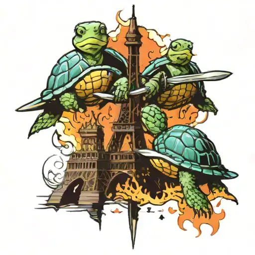 two turtles fighting with swords on the eiffel tower while it is on fire tattoo design idea