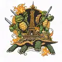 two turtles fighting with swords on the eiffel tower while it is on fire tattoo design idea