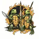 two turtles fighting with swords on the eiffel tower while it is on fire tattoo design idea