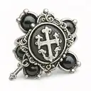 Black out line on a Finger ring of a rosary with the beads wrapped around the knuckles of the finger and the small cross tattoo design idea