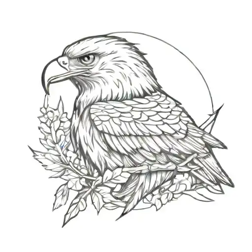 A majestic eagle feather intertwined with a winding arrow, surrounded by a forest landscape tattoo design idea