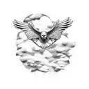 A minimalist design of three soaring eagles surrounding a majestic oak tree tattoo design idea