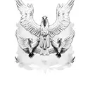 A minimalist design of three soaring eagles surrounding a majestic oak tree tattoo design idea