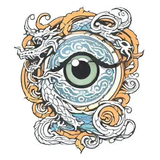 a 3 color liquid marble sleeve with a dragons eye symbol near the top of the arm tattoo design idea