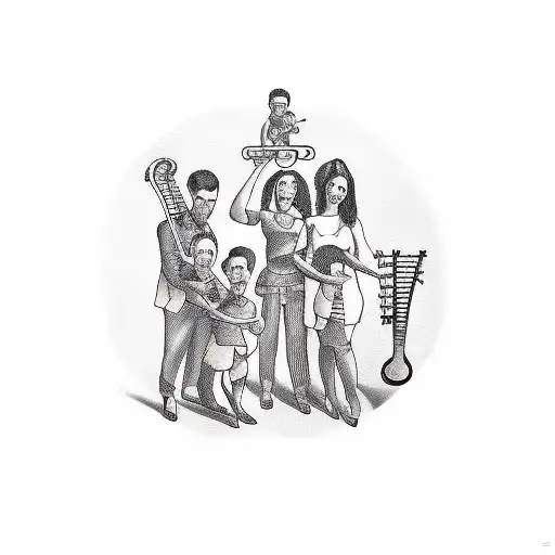 A traditional-style tattoo of a family holding musical instruments, with the words 'Mon fils, ma famille, ma femme' written in elegant script tattoo design idea