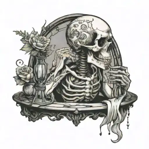 skull doing cocain in front of a mirror women sitting tattoo design idea