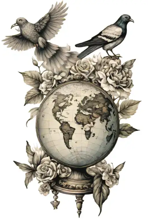 World globe, 2 pigeons, Everything happens for a reasen, Butterfly tattoo design idea