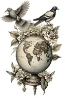 World globe, 2 pigeons, Everything happens for a reasen, Butterfly tattoo design idea