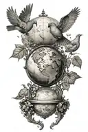 World globe, 2 pigeons, Everything happens for a reasen, Butterfly tattoo design idea
