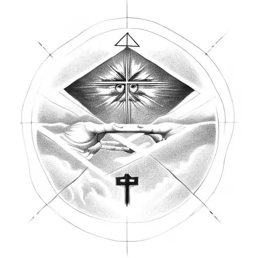 cross with the creation of adam hands above it and an eye in a triangle beneath it  tattoo design idea